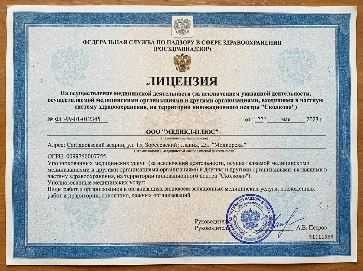Лицензия Росздравнадзора на осуществление медицинской деятельности — официальный бланк с печатью и подписью, синяя рамка