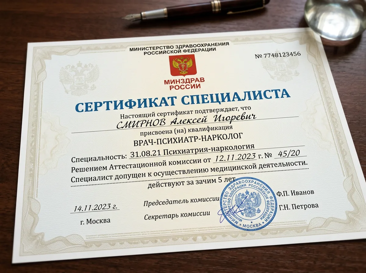 Сертификат специалиста по психиатрии-наркологии с логотипом Минздрава России, официальный документ на гербовой бумаге