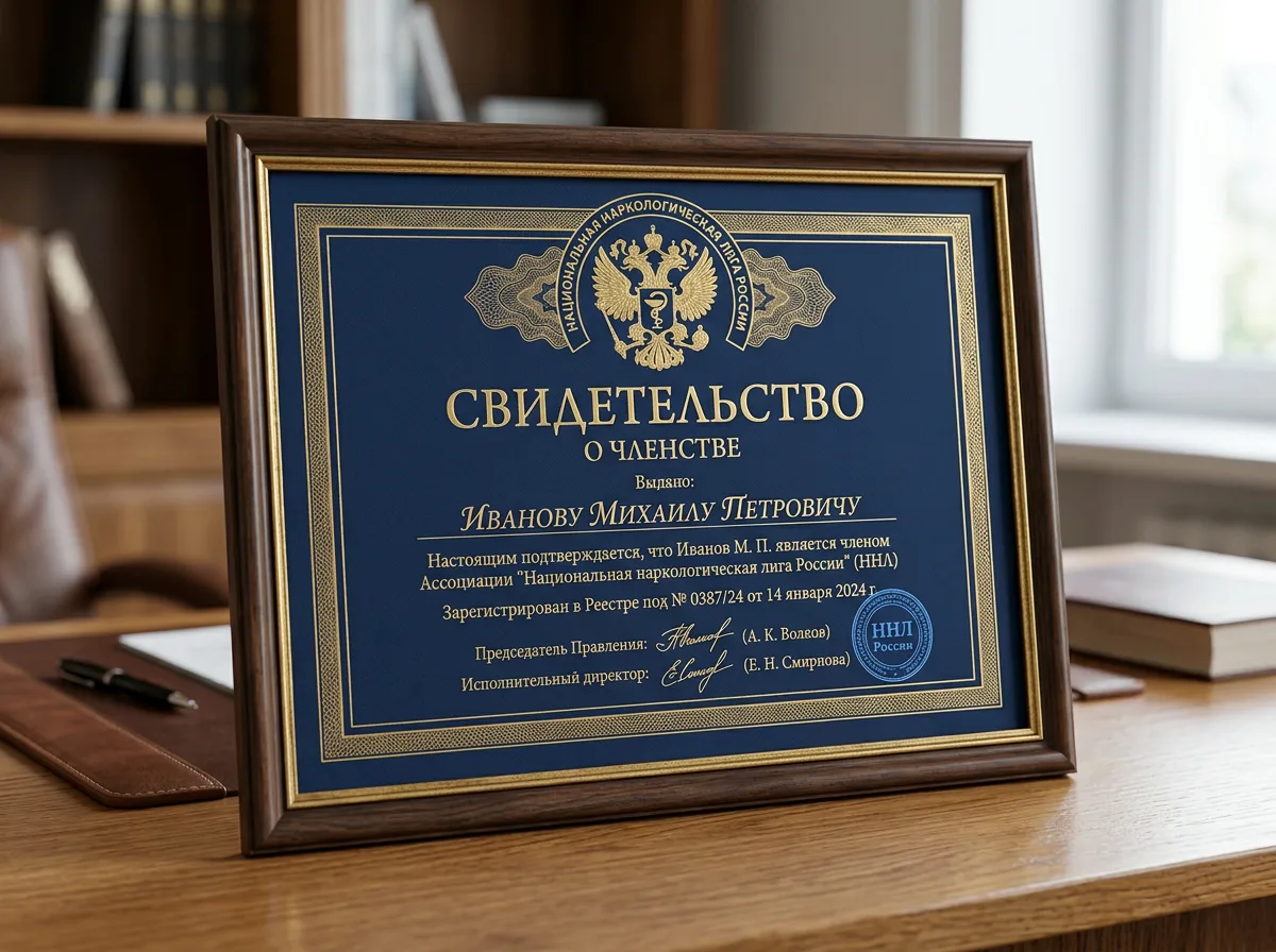 Свидетельство о членстве в Национальной наркологической лиге России — сине-золотой диплом с гербом организации