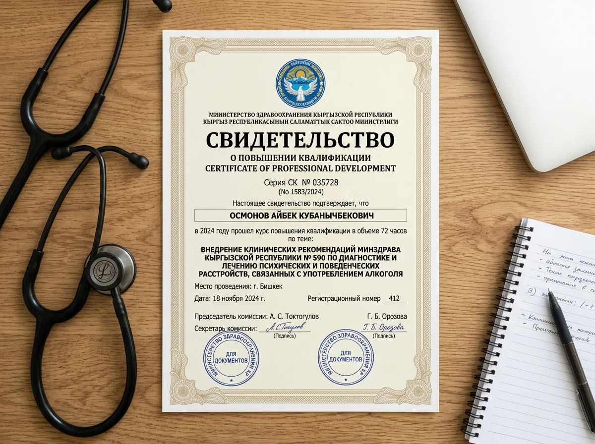 Свидетельство о повышении квалификации по клиническим рекомендациям Минздрава КР 590 по алкогольным расстройствам 2024