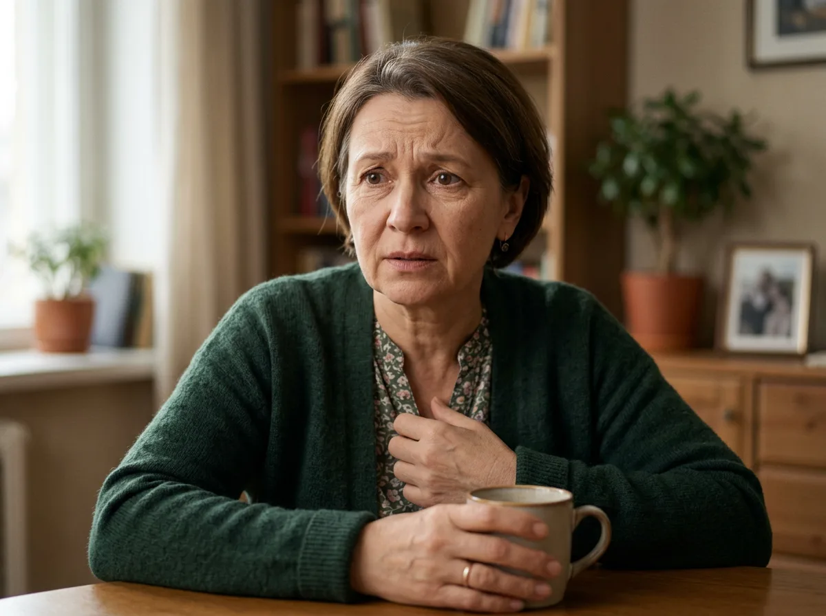 Женщина 50 лет, выражение заботливой матери, слегка взволнованный взгляд, портрет для отзыва